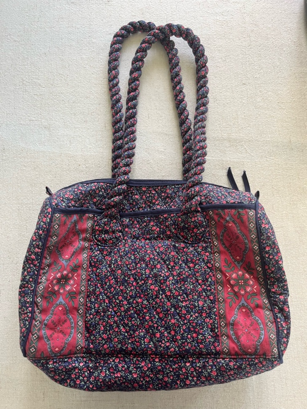 Vintage Quilted Floral Cotton Tote Bag with Rope Handles